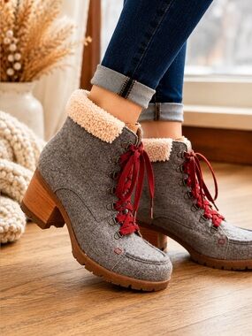 Kork-Ease Evie Gray Wool Blend Lace-Up Block Heel Ankle Boots Women’s Size 10